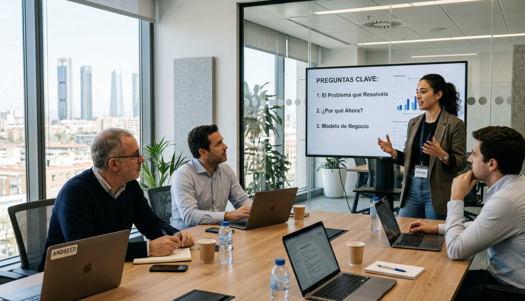 Fundador de startup preparando respuestas para primera reunión con inversor